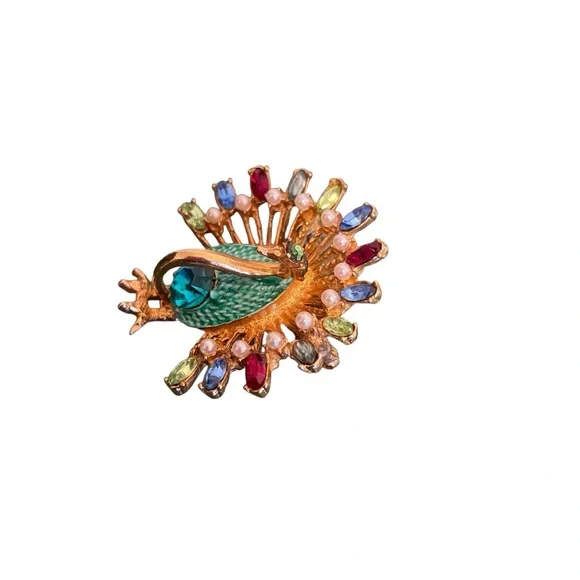 Vintage‎ Peacock Brooch Colorful Rhinestones and Faux Pearls Enamel - Picture 3 of 5